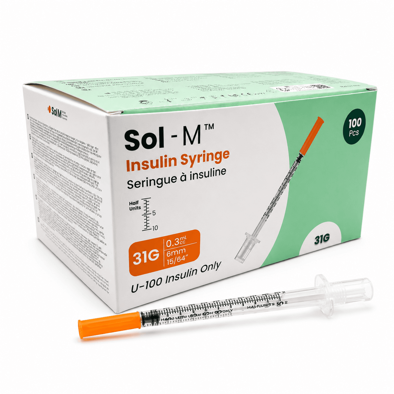 Sol-M 31G Insulin Syringes – 0.3 mL / 0.3 cc, 6 mm 100 Count