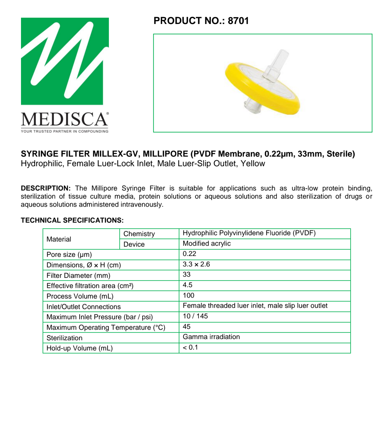 Millipore Syringe Filter Millex-Gv, PVDF Membrane, Sterile, 0.22 µm, 33 mm